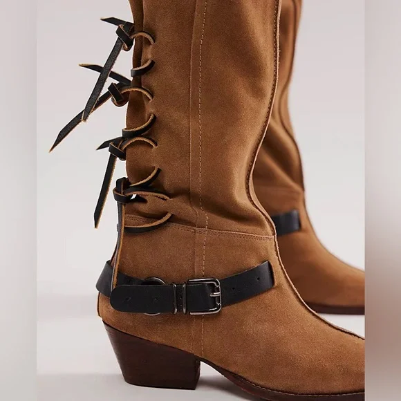 Free People Back-lace Sway Low Slouchy Boots. Western inspired suede pull-on. - Picture 5 of 16